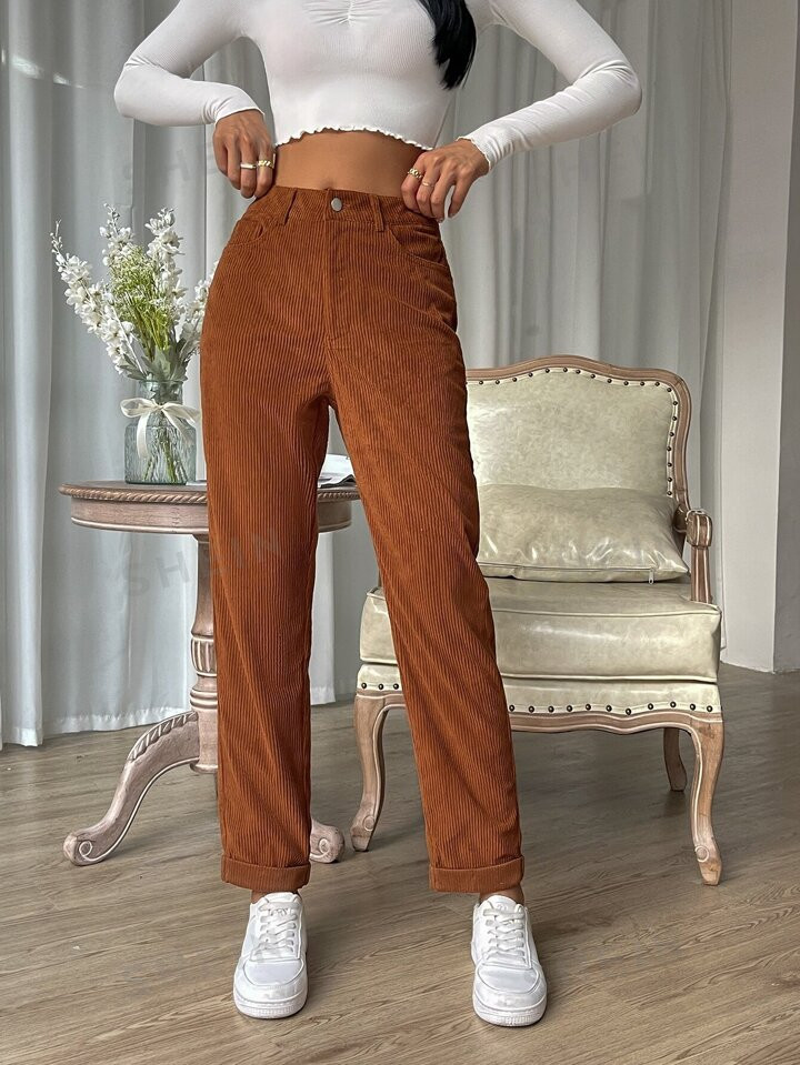 SHEIN EZwear Zipper Fly Corduroy Pants | SHEIN