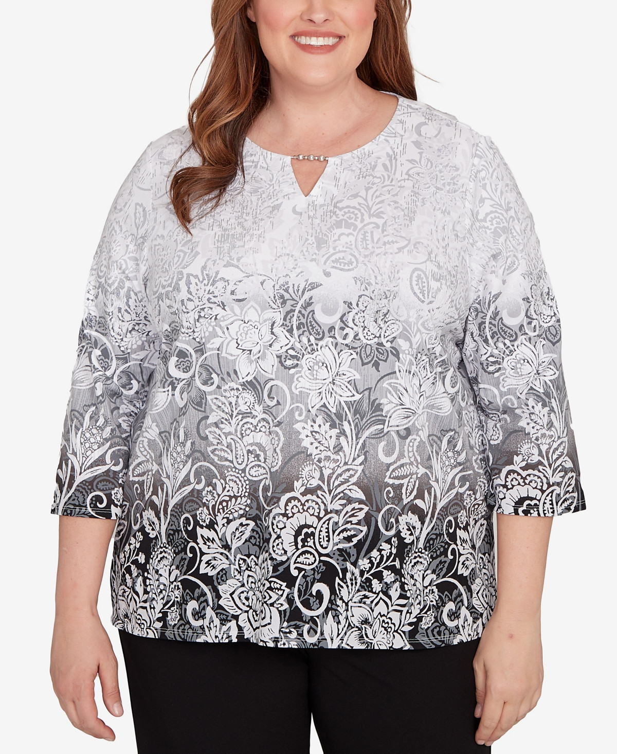 Alfred Dunner Plus Size Ombre Scroll Split Beaded Neck Top - Grey | Macy's