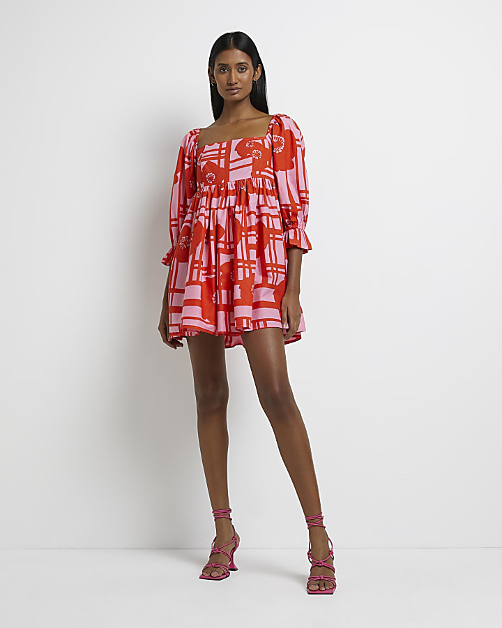 Red floral smock mini dress | River Island (UK & IE)