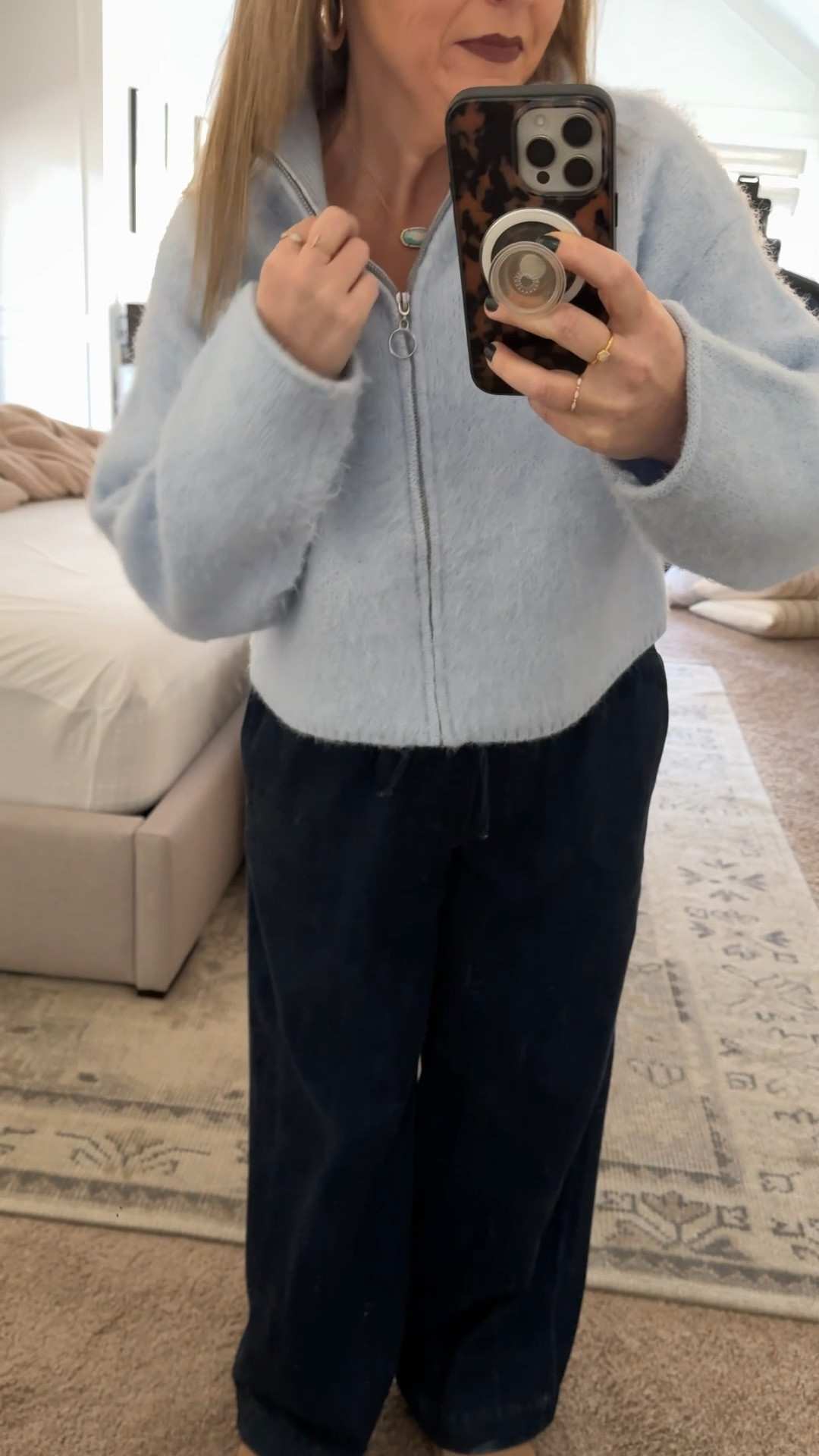 These pull on wide leg elastic waist jeans are a 10/10 in comfort! Comes in 3 colors and the mock neck sweater zip up comes in 4 colors. 5’3” and wearing a small in both the top and jeans. 

#LTKFindsUnder50 #LTKSeasonal #LTKSaleAlert