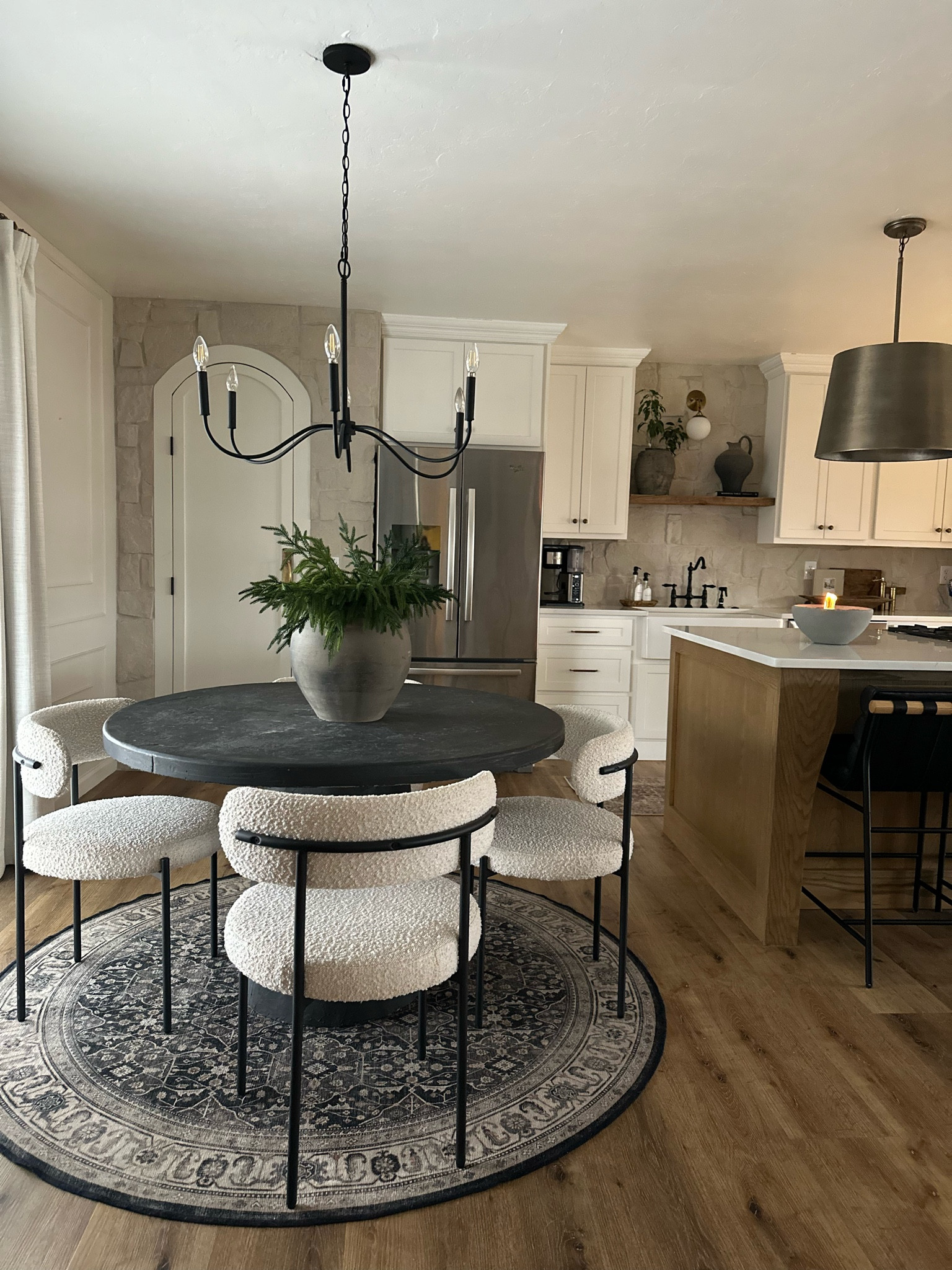 Organic modern dining room and kitchen. Modern boucle fabric dining chairs from Amazon. We built our dining table but I’ll link similar! 

#LTKhome