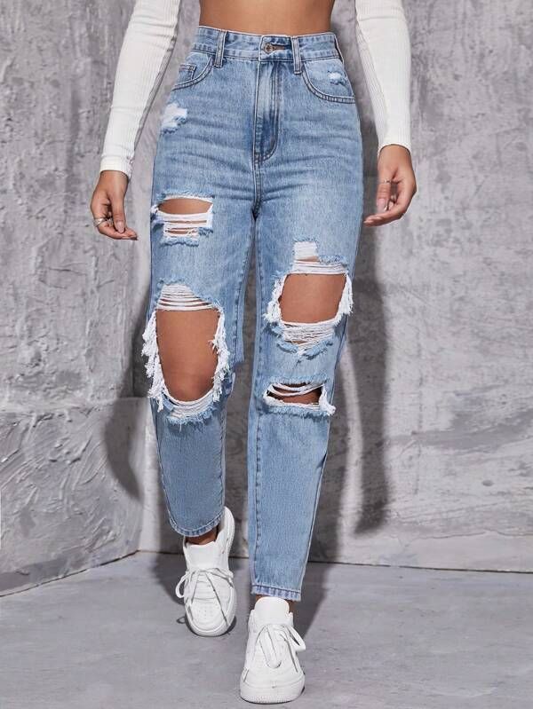 SHEIN High Waist Ripped Mom Fit Jeans | SHEIN
