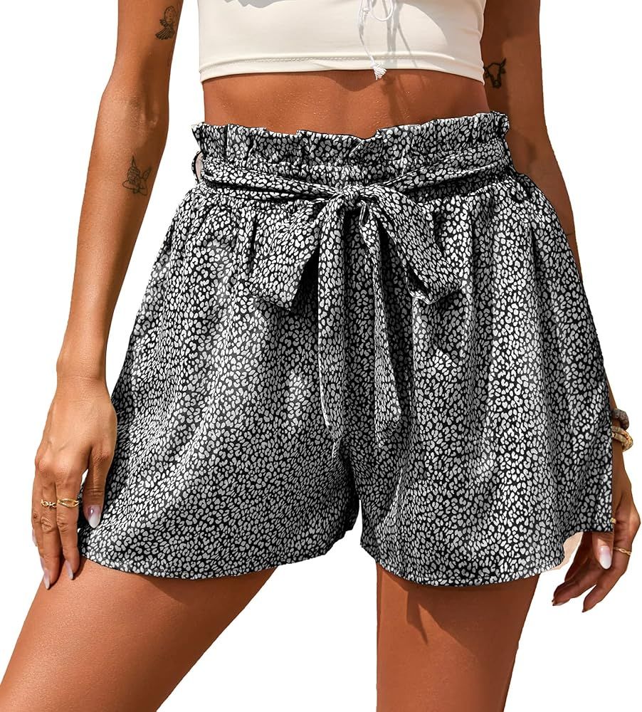 BTFBM Women Shorts Casual Comfy Elastic High Waist Summer Beach Leopard Print Pocketed Wide Leg Shor | Amazon (US)