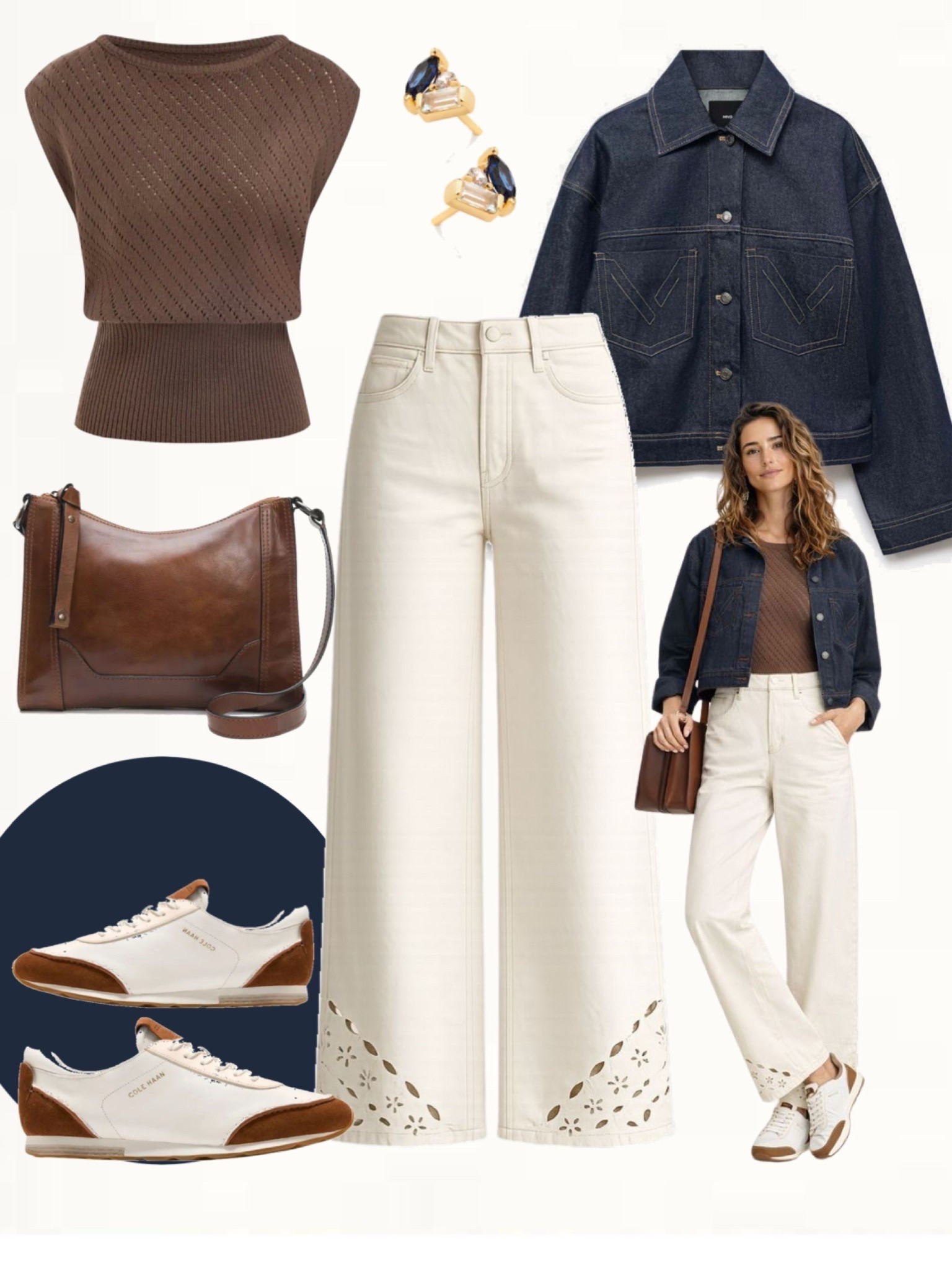 Brown sleeveless knit top tucked into ivory wide-leg pants with eyelet detail. Layered with a dark denim jacket and styled with white and brown sneakers, a brown leather shoulder bag, and gold earrings.
#neutralstyle #springoutfits #casualwear

#LTKOver40 #LTKSeasonal #LTKootd