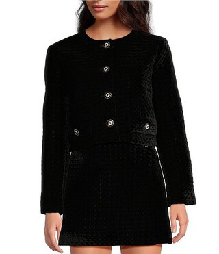 Josephine Velvet Crew Neck Long Sleeve Button Front Cropped Jacket | Dillard's