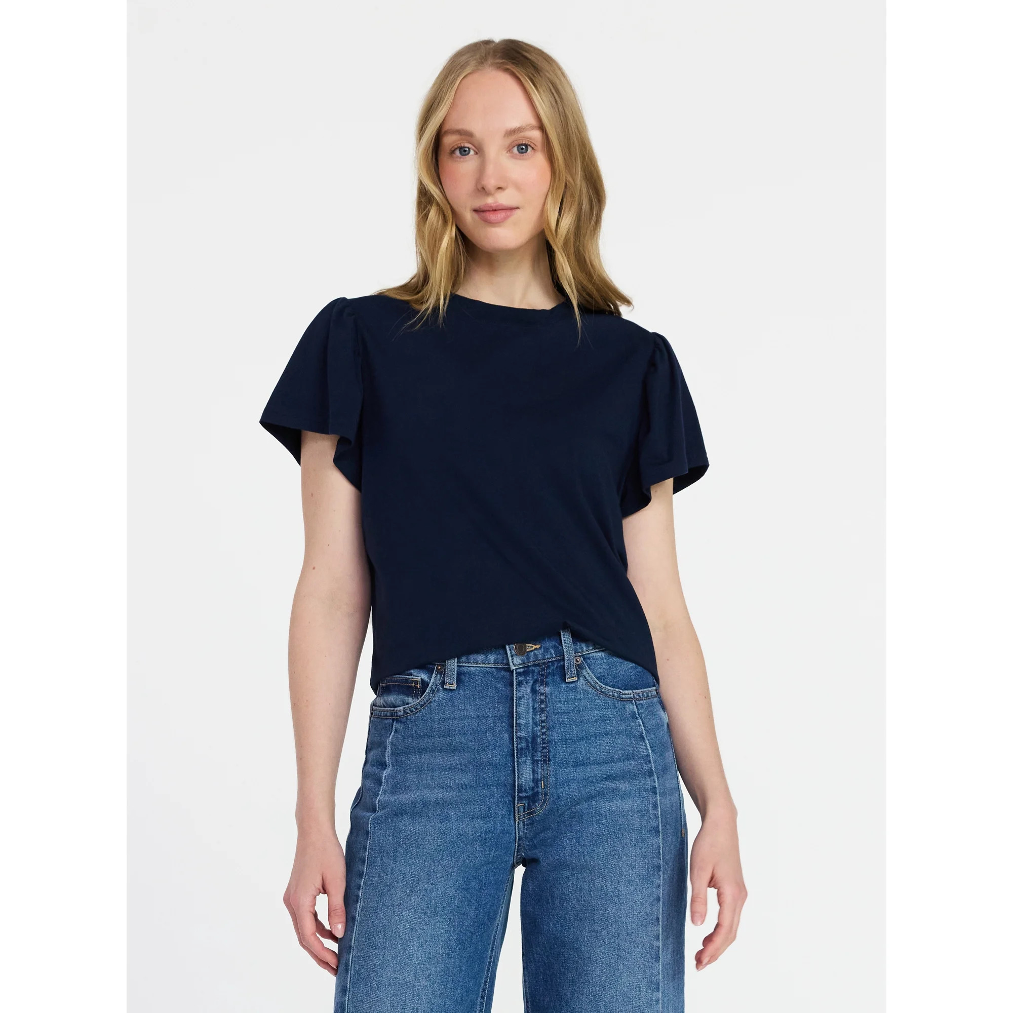 Time and Tru Women's Crewneck Tee with Flutter Sleeves, Sizes XS-XXXL | Walmart (US)