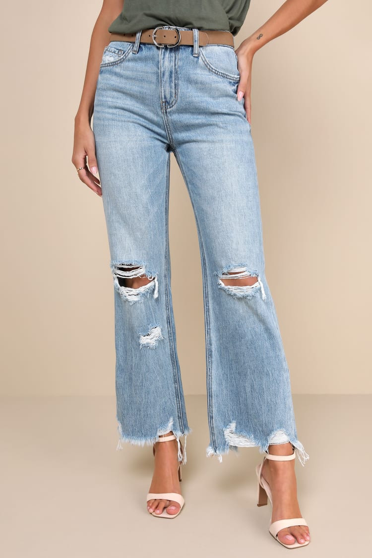 Crystal Medium Wash Distressed High-Rise Wide-Leg Raw Hem Jeans | Lulus