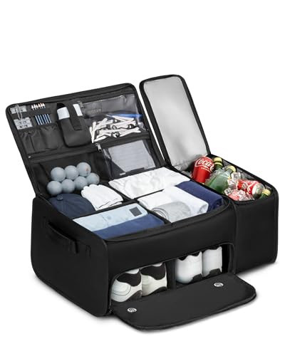 Marscamd Golf Trunk Organizer with Built-in Hard Frame & Insulated Cooler Compartment, Ventilated Shoe Storage for 2 Pairs(Up to Mens US 11), Car Trunk Locker for Balls, Tees, Polos, Gloves - Black | Amazon (US)