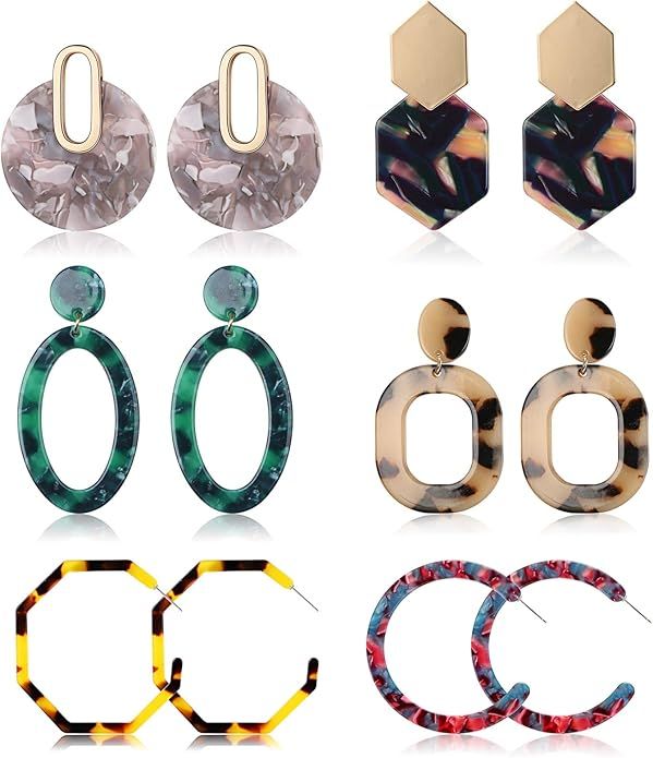 Finrezio 6 Pairs Mottled Acrylic Hoop Earrings Resin Statement Drop Dangle Earrings Geometric Pol... | Amazon (US)