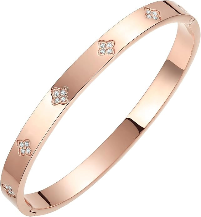 14K Gold Plated Four Leaf Clover Bangle Bracelet | Stainless Steel Lucky Love Cuff with Cubic Zir... | Amazon (US)