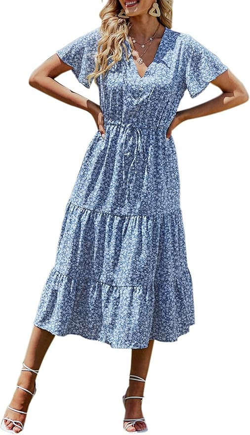 PRETTYGARDEN Women's Floral Boho Dress Casual Short Sleeve V Neck Ruffle Tiered 2024 Summer Swing... | Amazon (US)