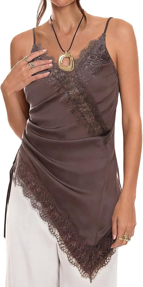 MakeMeChic Women's Y2K Summer Satin Floral Lace Cami Top Spaghetti Strap Sleeveless Tank Tops | Amazon (US)