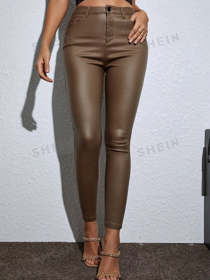 Apperloth A High Waist Thermal Lined PU Leather Skinny Cropped Pants | SHEIN