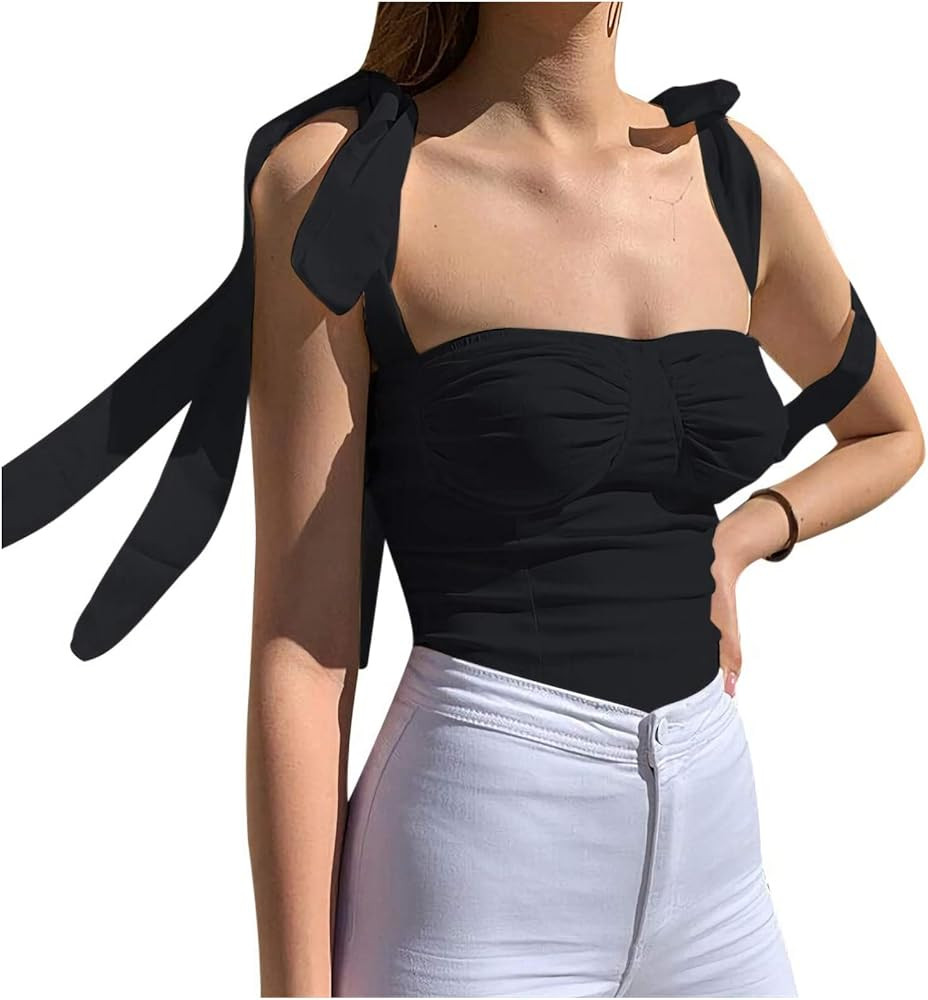 Velius Women's Sleeveless Camisole Tie Shoulder Mesh Strap Tank Crop Tops | Amazon (US)