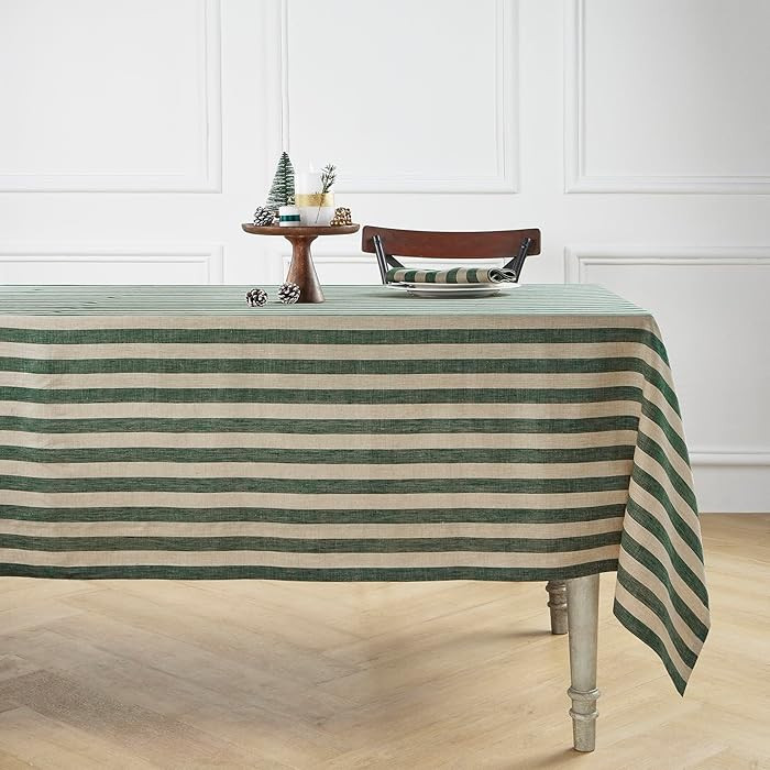 Solino Home Linen Tablecloth 60 x 90 Inch - Sorrento Stripe 100% Pure Linen Hunter Green and Natu... | Amazon (US)