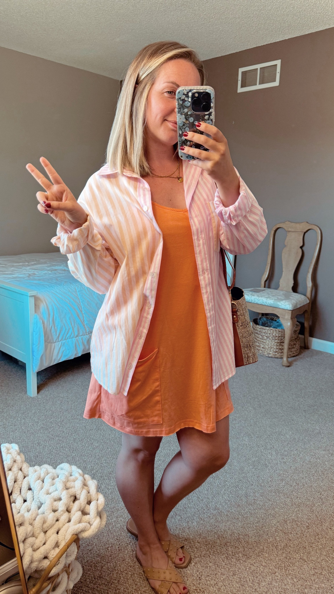 Casual outfit 
Romper dress with button down 
^ similar button downs linked 