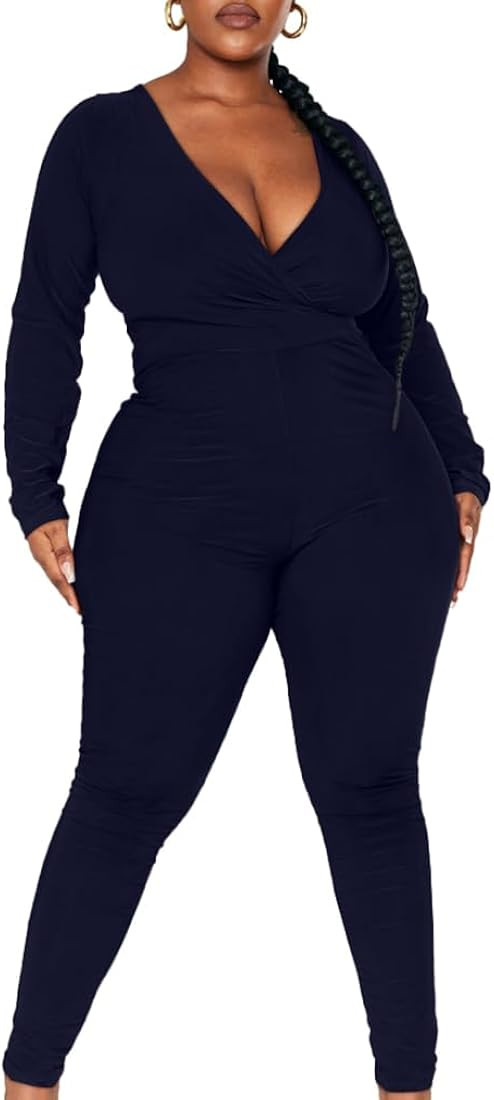 Stylishine Women's Sexy Long Sleeve V Neck Ruched High Waist Legging Plus Size Casual Jumpsuit | Amazon (US)