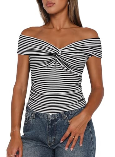 Darong Women Summer Twist Knot Front Off The Shoulder Tank Tops Cap Sleeve Going Out Shirts Slim Fitted Y2K Outfits 9058 Black Stripe M | Amazon (US)