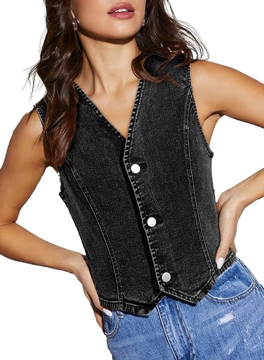 Sidefeel Women's Denim Vest Sleeveless V Neck Zimbaplatinum Jean Vest Top Button Down Crop Waistc... | Amazon (US)