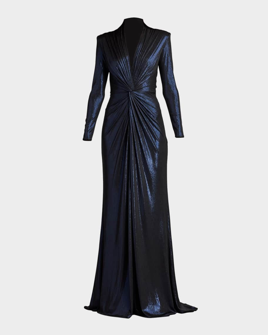 Tadashi Shoji Twist-Front Metallic Jersey Column Gown | Neiman Marcus