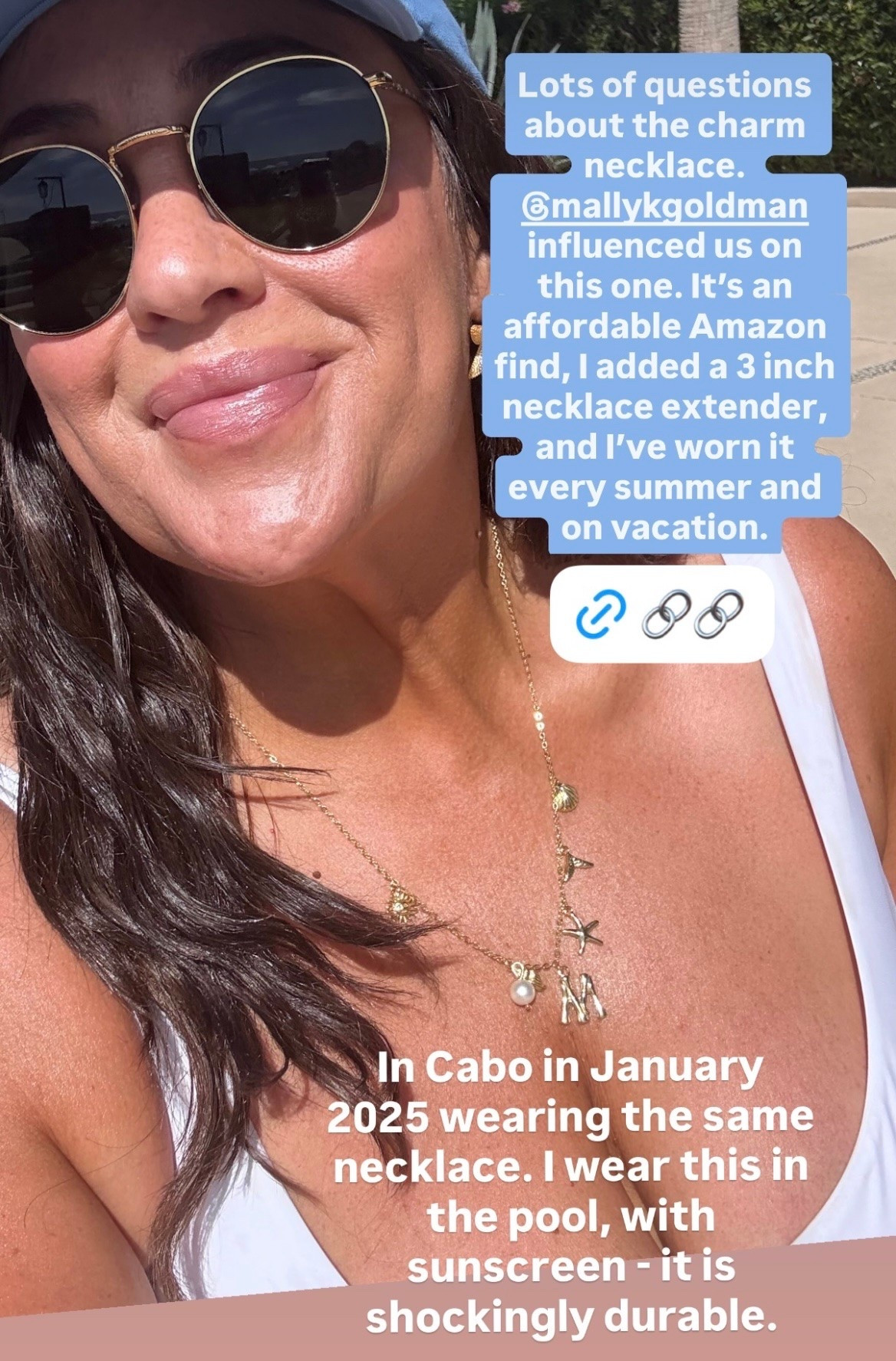Have gotten lots of questions on this charm necklace, and it’s a $10 Amazon find! And it’s surprisingly durable — I’ve had this one for three years and wear it to the pool and on vacation all the time. I added a 3” necklace extender for the look pictured here.