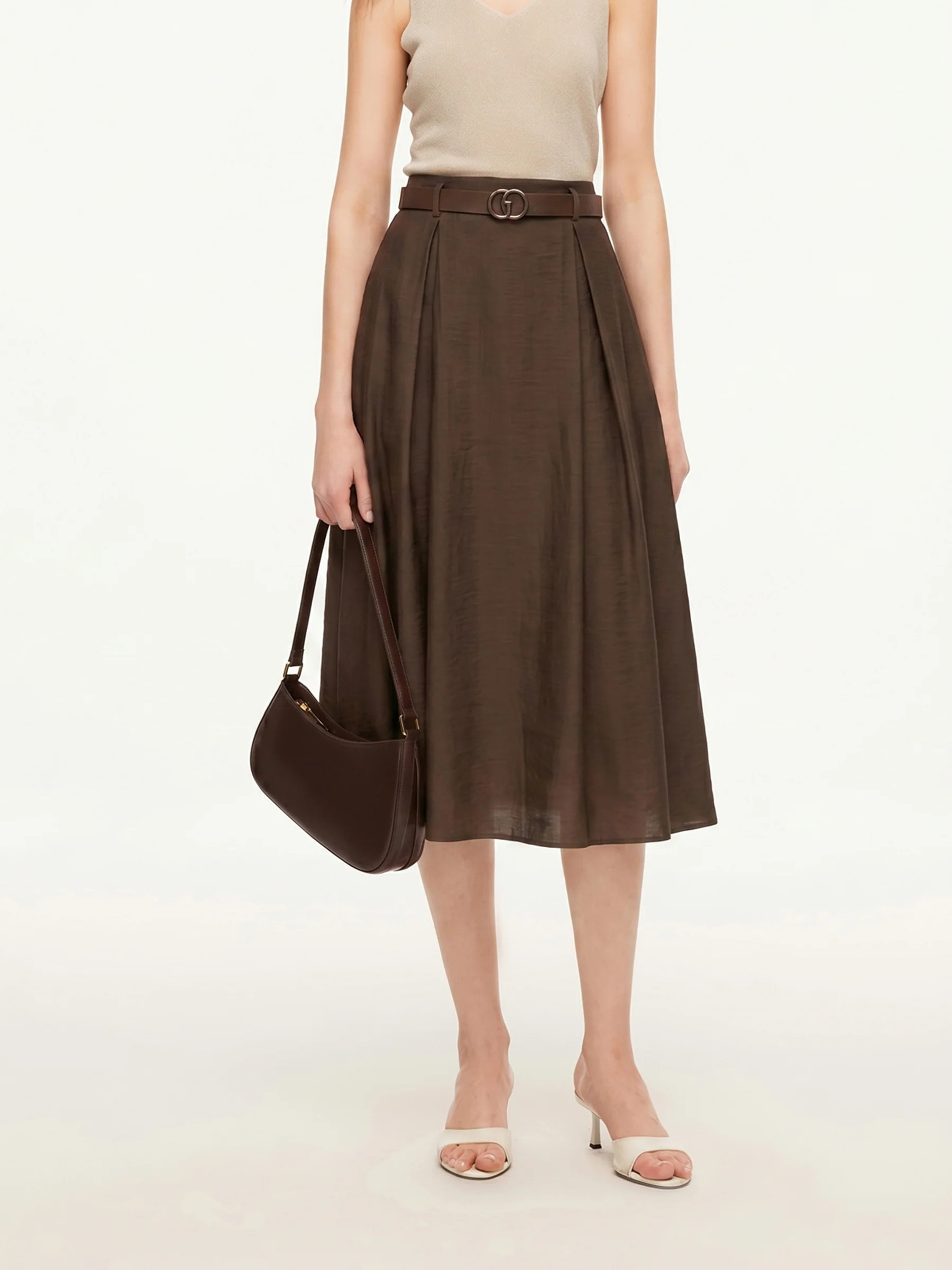 Tencel Linen Blend Women A-Line Skirt With Leather Belt Dark Brown / S | GOELIA