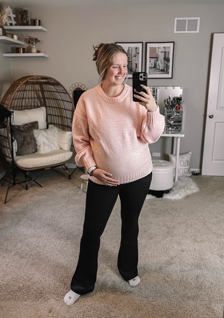 Cozy maternity sweater that transitions into post-bump use! Flare leggings are giving me new style life in this season. Wearing Large in both, fairly true to size items.

💰 SAVE 25% site wide with ASHLEY25 through 2/19!

#LTKbump #LTKmidsize #LTKsalealert
