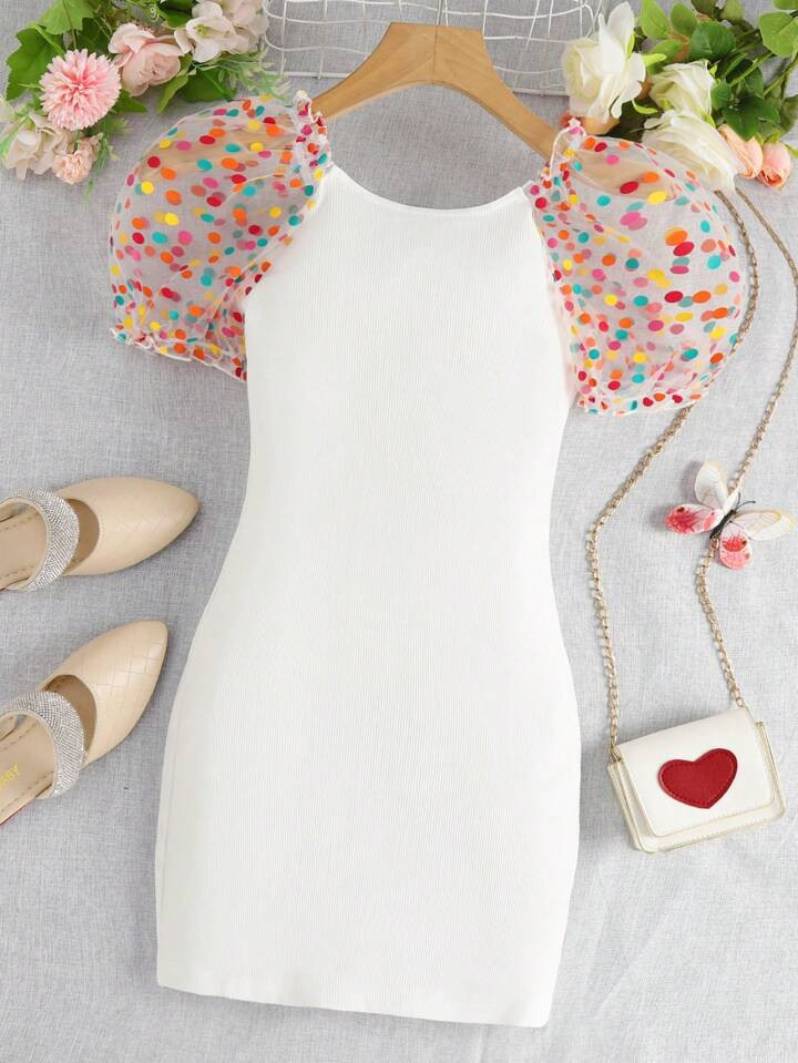 SHEIN Kids Y2Kool Tween Girl Polka Dot Mesh Puff Sleeve Ribbed Knit Dress | SHEIN