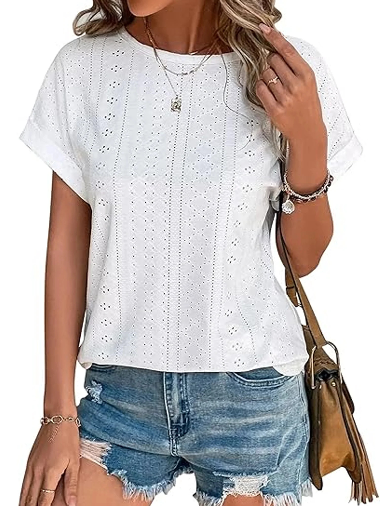 TEMOFON Womens Tops Eyelet Embroidery Summer Spring Crewneck Casual Short Sleeve Blouse Trendy T ... | Walmart (US)