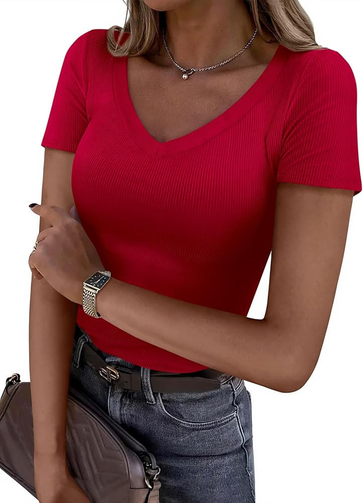 PRETTYGARDEN Women 2026 Spring Tops Trendy Ribbed Short Sleeve V Neck Fitted Basic Tee Shirts Cas... | Amazon (US)