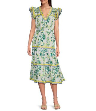 SAIL to SABLE x Style Charade Floral Print V-Neck Flutter Sleeve Midi Dress | Dillard's | Dillard's
