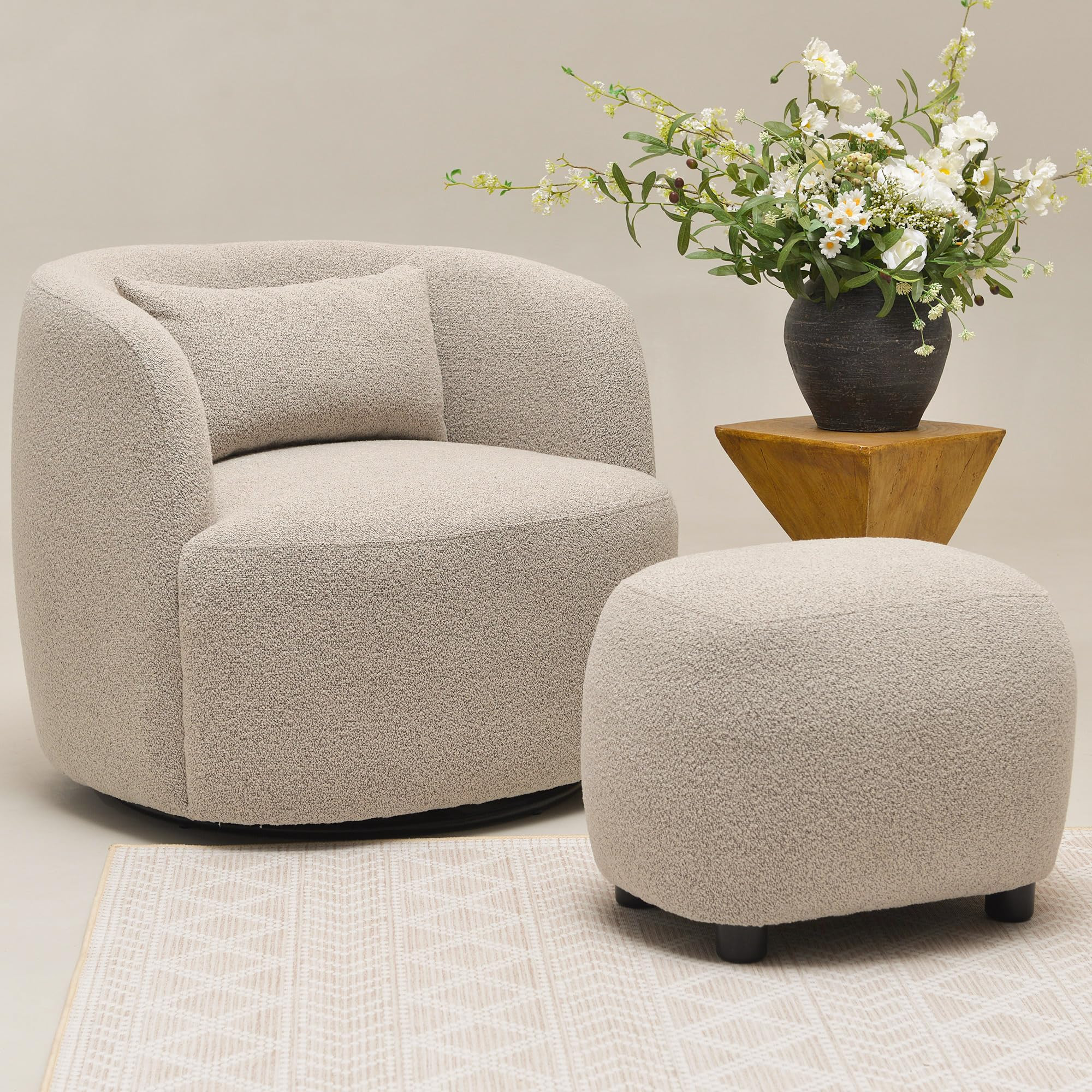 KINWELL 34" Wide Boucle Swivel Barrel Chair with 23" Ottoman Set, Fully Assembled Set of Sherpa A... | Amazon (US)