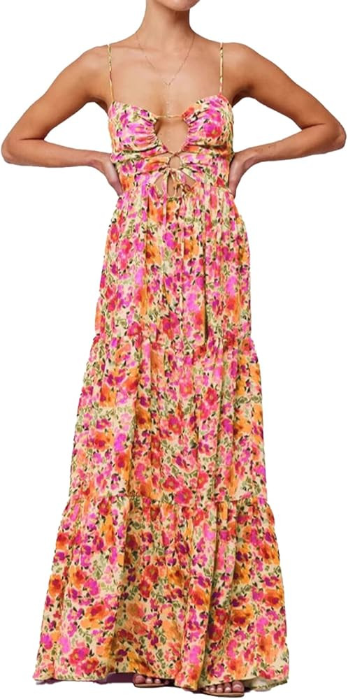Women Floral Maxi Dress Tie Front Cut Out Backless Boho Spaghetti Strap Summer Beach Sundress | Amazon (US)