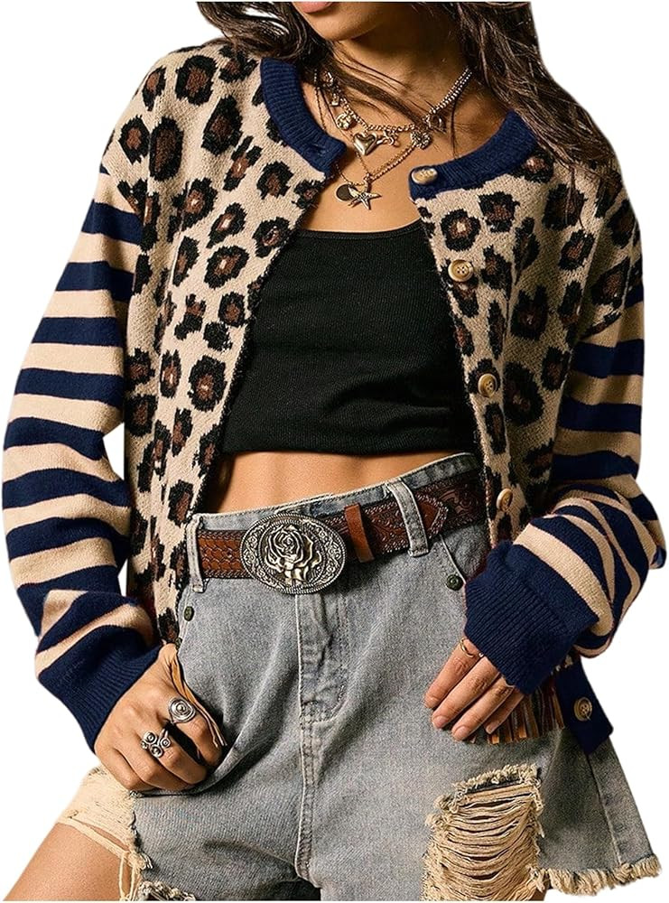 SOLY HUX Women's Leopard Cardigan Sweater Y2k Striped Button Down Long Sleeve Crewneck Colorblock... | Amazon (US)