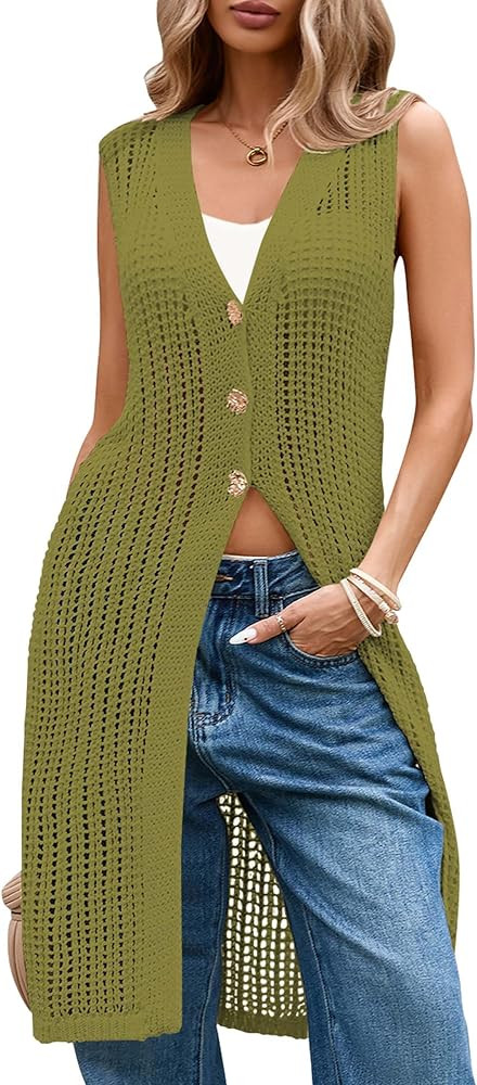 Cakulo Womens Sleeveless Crochet Cardigans Beach Cover Up 2025 Summer Long Knit Sweater Vest Tops | Amazon (US)
