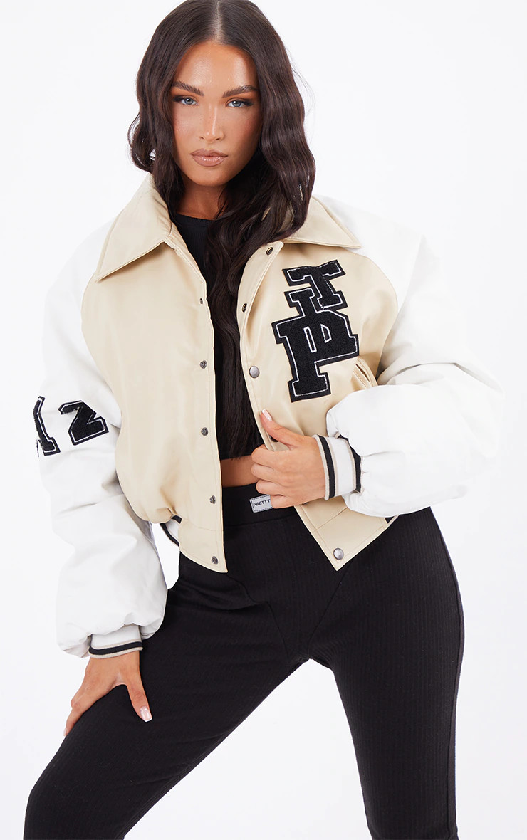 Beige Faux Leather Raglan Sleeve Cropped Varsity Bomber Jacket | PrettyLittleThing US