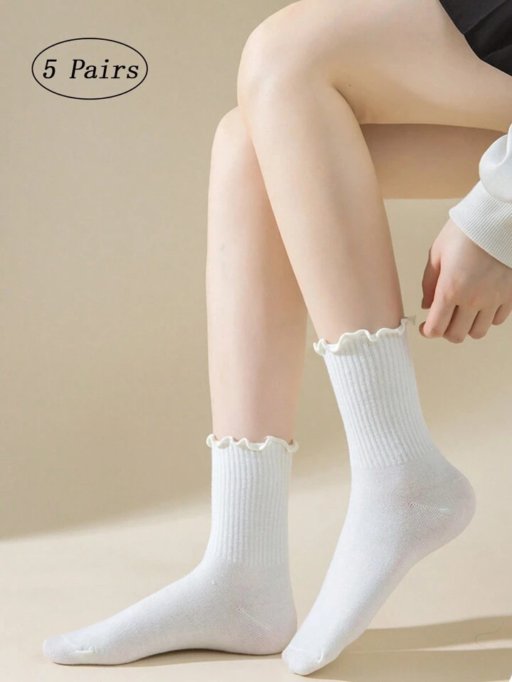 5 Pairs/Set Women White Mid-Calf Socks, Thin And Cute Mushroom Cuff Socks For Spring/Summer | SHEIN