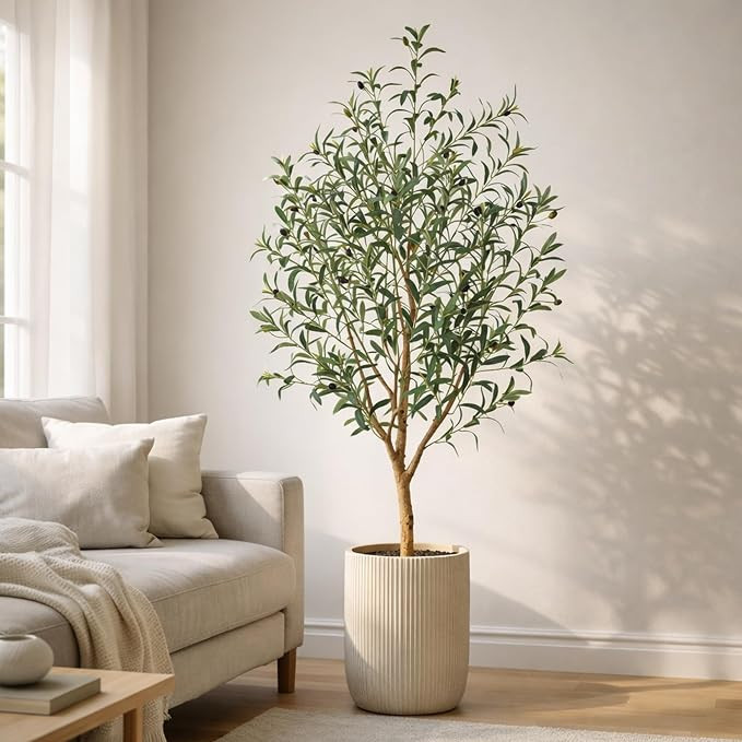 6FT Artificial Olive Tree, 180cm Tall Faux Olive Plant with Lifelike Fruits, Natural Wood Trunk, ... | Amazon (UK)