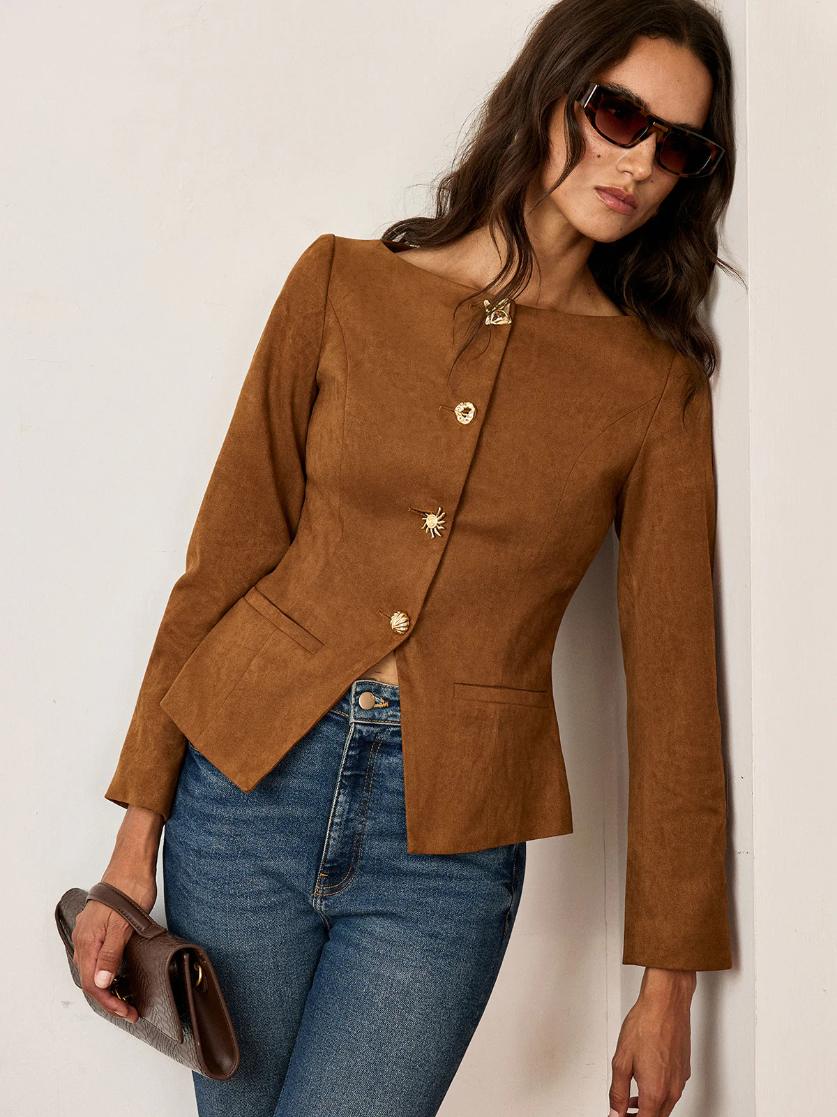 Suede Fitted Metal Button Jacket | Commense