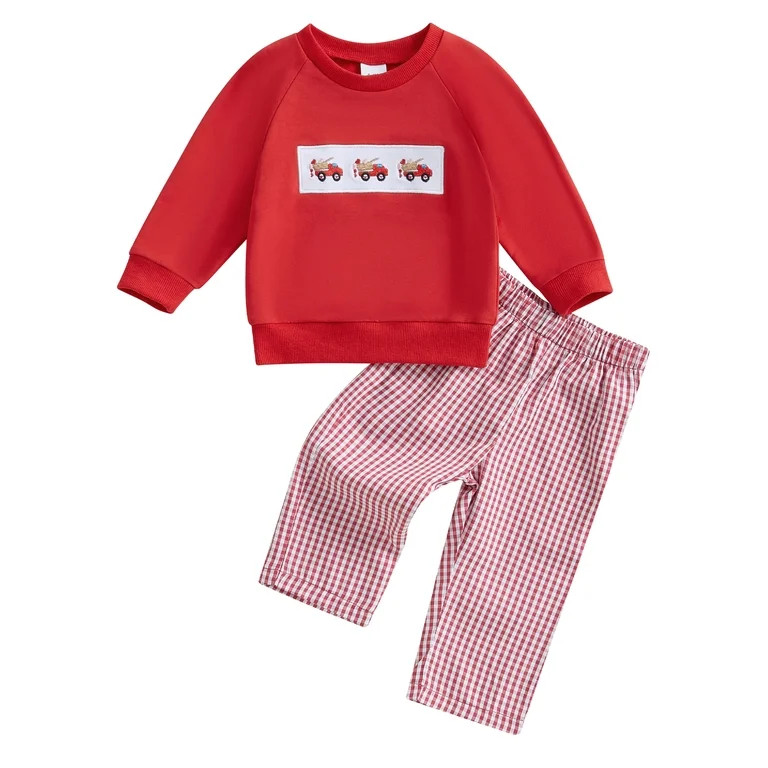 MIPREWUY Baby Boy Valentine Outfit Truck Embroidery Long Sleeve Sweatshirt and Plaid Print Pants ... | Walmart (US)