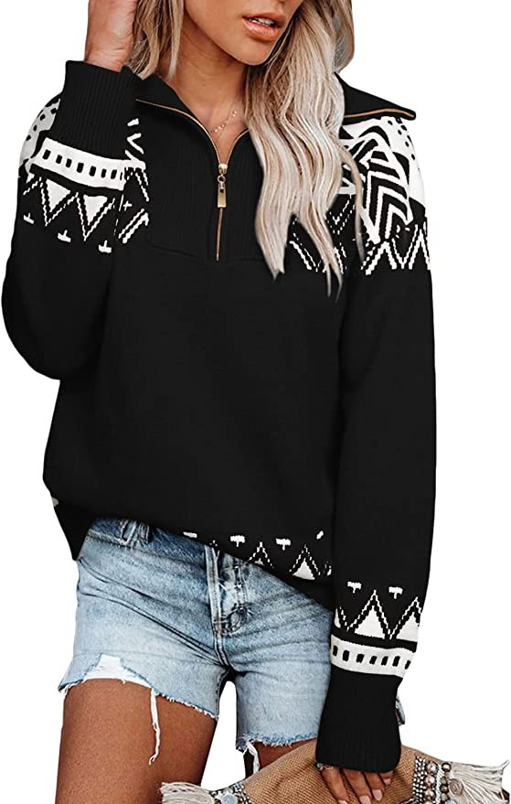 BLENCOT Women Half Zip Fall Sweater Long Sleeve V Neck Causal Knitted Boho Jumper Loose Fit Pullo... | Amazon (US)