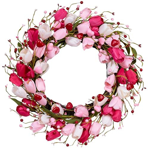 MAINGKAUNG Valentines Day Gifts 20 Inch Valentine's Day Wreath Pink Valentine Wreath for Front Door with Red Love Heart Berries Pink Tulips for Mother's Day Wedding Anniversary Holiday Decorations | Amazon (US)
