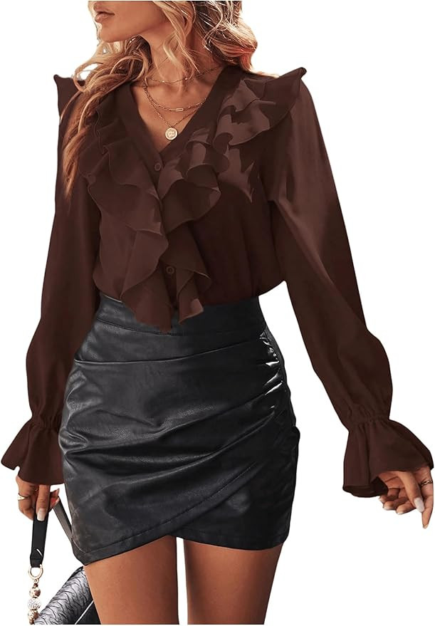 SweatyRocks Women's Ruffle Chiffon Blouses Flounce Button Up Long Sleeve Shirts Tops | Amazon (US)