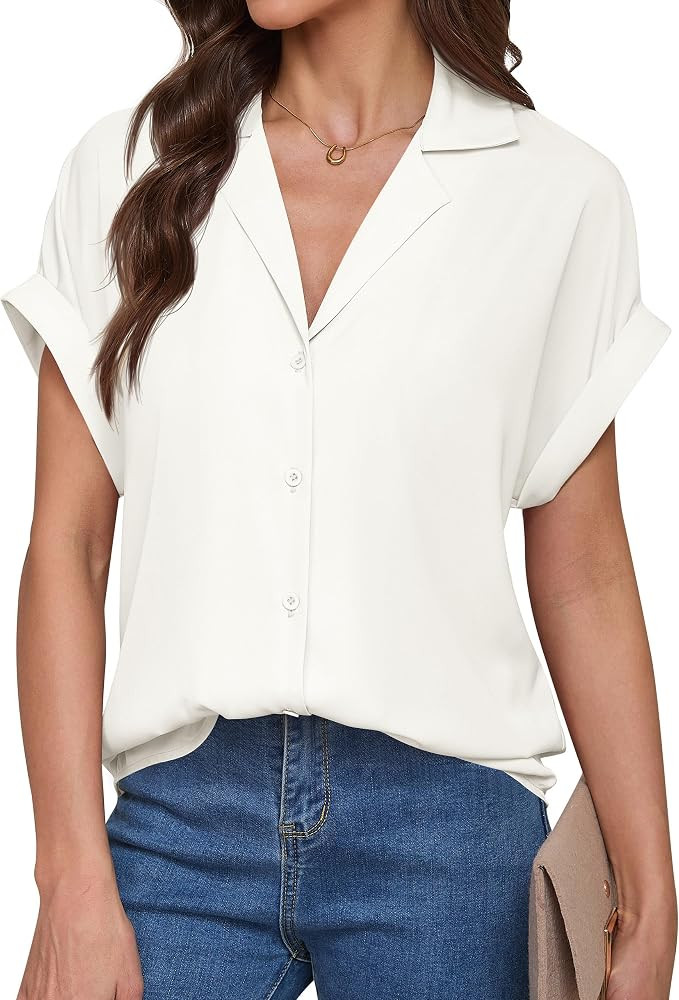 Womens Dressy Casual Shirts Short Sleeve V Neck Stain Silk Button Down Blouse Work Business Summe... | Amazon (US)