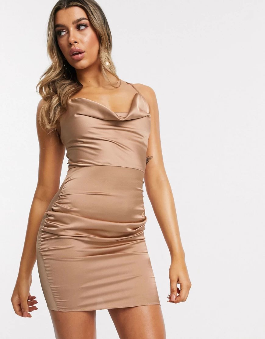 I Saw It First cowl neck ruched satin mini dress-Beige | ASOS (Global)