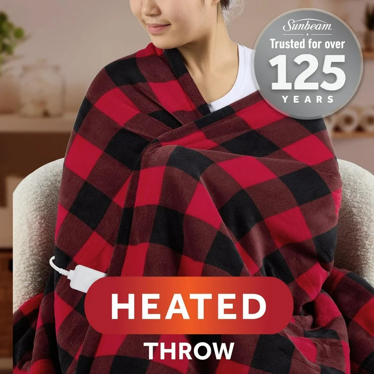 Sunbeam Electric Heated Throw Red/Black Plaid Microplush Faux Shearling 4 Heat 50x70 | Walmart (US)