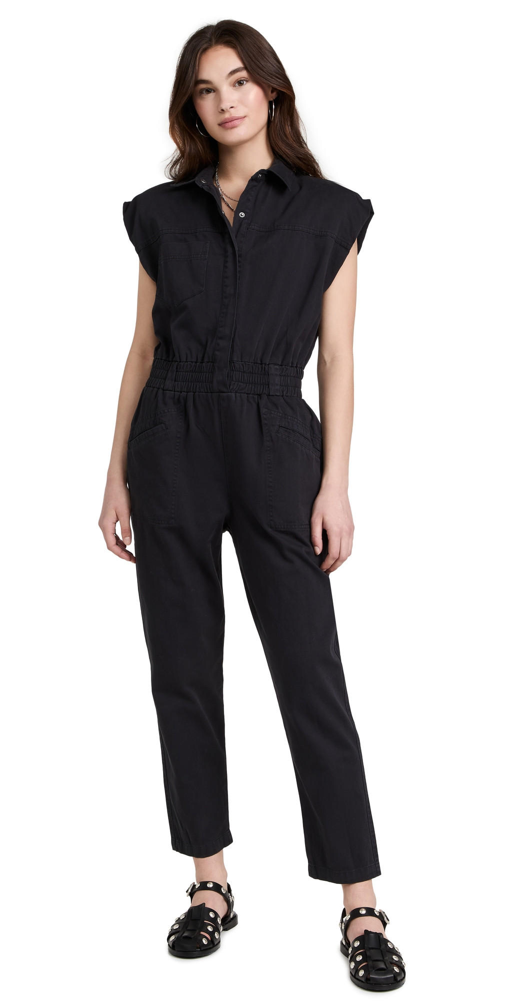 Pistola Denim Rosie Shoulder Padded Jumpsuit Fade to Black XS | Shopbop