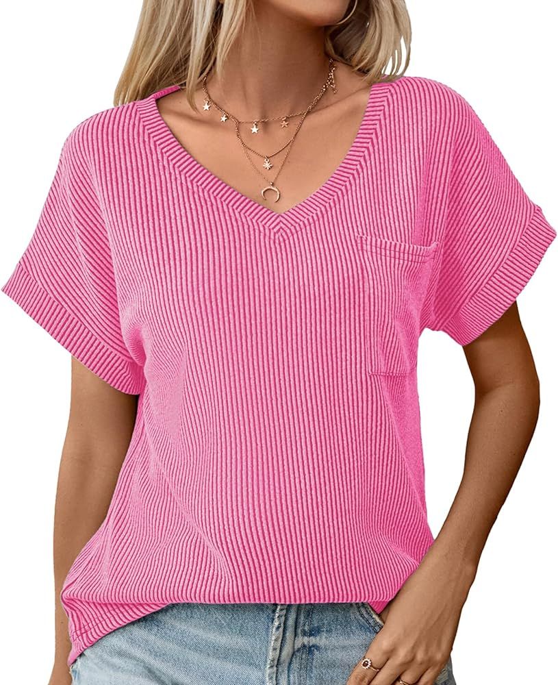 levaca V Neck Cap Sleeve Ribbed Tops for Women 2024 Trendy Summer Casual Tshirt wtih Front Pocket | Amazon (US)