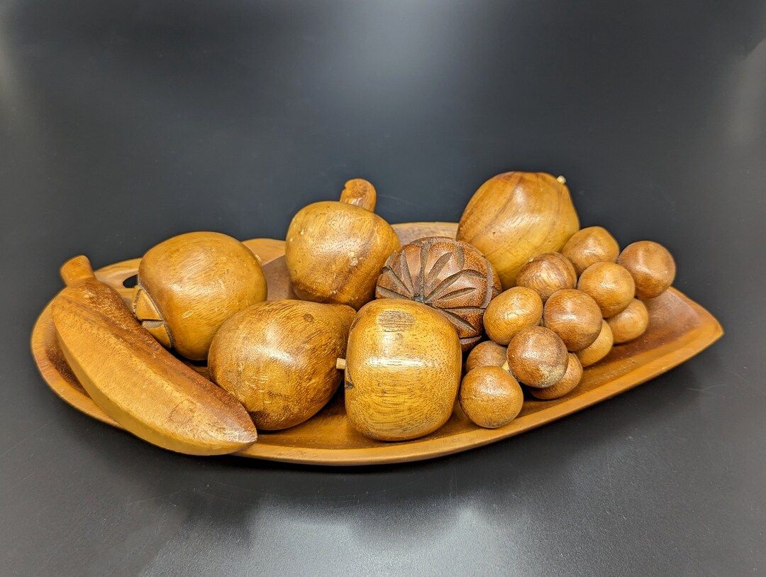 Vintage MCM Carved Wood Fruit with Wood Bowl - V1441 | Etsy (US)