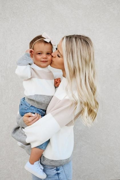 Crawford Bubble Sleeve Sweater - Pink, White & Gray Stripe | Bailey's Blossoms